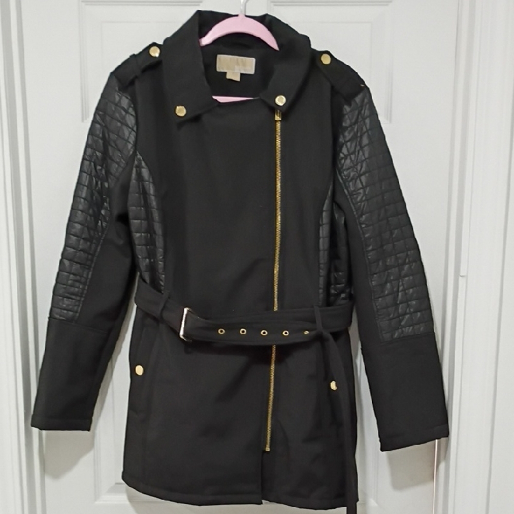 Michael Kors Black Coat Coat with Quilted Sleeve Panels and Gold Hardware
